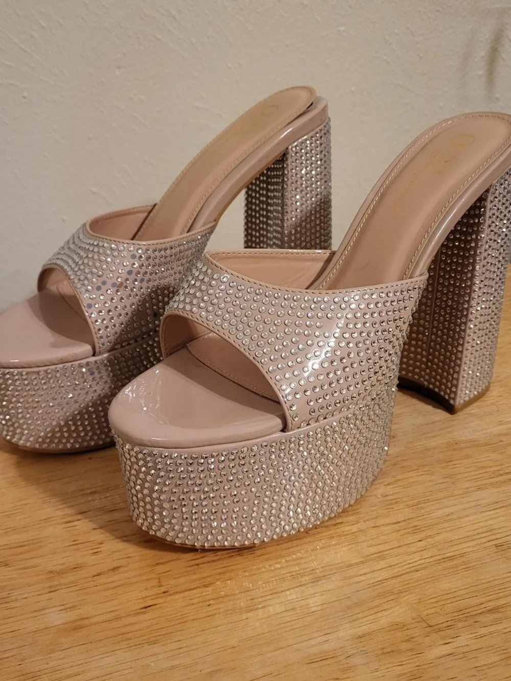 Platform Mule Heels with Crystal Embellishment - Nude